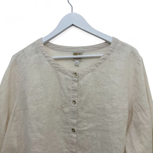 JM Collection Natural Linen Tunic Top 18W Button Front Roll Tab Sleeves Beige - Picture 4 of 13